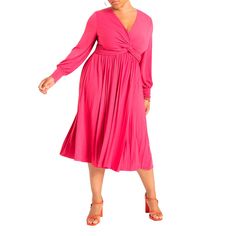 This dress combines a close-fit bodice with a pleated skirt, made from stretch knit matte jersey, ideal for below-knee length styling with a twist detail at the waist. Knee-length Pleated Bodice Midi Dress, Solid Color Knee-length Midi Dress With Pleated Bodice, Knee-length Solid Color Midi Dress With Pleated Bodice, Pink Fitted A-line Pleated Dress, Long Sleeve Pleated Stretch Midi Dress, Pleated Long Sleeve Stretch Midi Dress, Long Sleeve Stretch Pleated Midi Dress, Fitted V-neck Dress With Pleated Skirt, Chic Pink Elastane Dresses