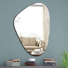 a living room with a large mirror on the wall and a plant next to it