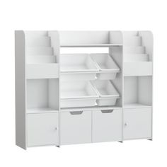 a white shelf with drawers and bins on it's sides, in front of a white background