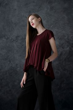 Raili Nõlvak AW18/19 Dark red folded blouse Chic Burgundy Tops For Summer, Chic Burgundy Summer Tops, Chic Red Tops For Layering, Red Rayon Tops For Fall, Chic Burgundy Tops For Workwear, Elegant Rayon Tops For Layering, Burgundy Short Sleeve Top For Fall, Flowy Red Short Sleeve Tops, Dark Red Long Sleeve Shirt