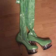 Made For A Size 10, But Not Marked On Anything. Green Sparkle Spandex So That They May Cover The Leg Completely. 6” Heel On 1 1/2” Clear Platform. Never Worn Fitted Thigh High Party Heels, Synthetic Club Heels, Fitted Green Heels With Round Toe, Metallic Fitted Heels For Night Out, Anything Green, Custom Made, Size 10, Sparkle, Spandex