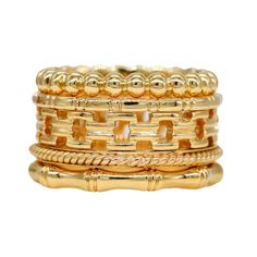 Meet The Golden Goddess. Shaped after the goddess Theia, this curated ring stack is a vision of considerable beauty and radiance embodied in the precious metal of gold. Theia gives foresight and vision to guide us on our journey. This Sethi Stack includes the following styles: Bead Band as a resemblance of small mala beads used in spiritual and mindfulness practice, serving as a precious reminder for mental grounding and inner peace. Agnes Small Band is a series of dots and dashes, a message to Luxury Gold Stackable Rings With Polished Finish, Stacked Yellow Gold Wedding Jewelry, Gold Fusion Style Ring Jewelry, Gold Stackable Dome Ring, Gold Stackable Dome Ring Luxury Style, Stackable Gold Dome Ring Luxury Style, Timeless Stackable Gold-plated Rings, Luxury Gold Stackable Dome Ring, Timeless Stackable Gold Plated Rings