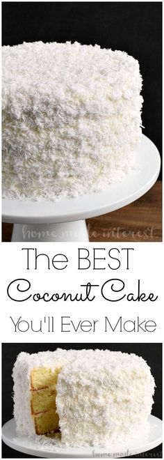 the best coconut cake you'll ever make is on a white plate with two slices cut out