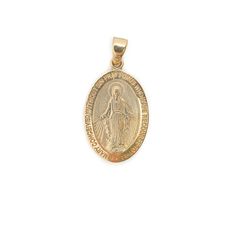 Discover divine elegance with our Oval Miraculous Mary Medal Pendant. Crafted in 10K solid gold, this captivating pendant features an oval shape and depicts the Miraculous Mary, adding a touch of grace and spirituality to your style. -Material: 10K Gold-Design: Oval Miraculous Mary Medal-Features: Two-Sided-Style: Elegant, Meaningful, Faithful Spiritual Oval Miraculous Medal Jewelry And Charms, Spiritual Oval Miraculous Medal Jewelry, Spiritual Engraved Oval Pendant Jewelry, Engraved Oval Pendant Spiritual Jewelry, Gold Oval Pendant Spiritual Jewelry, Spiritual Miraculous Medal Oval Pendant Jewelry, Spiritual Oval Pendant Jewelry With Miraculous Medal, Elegant Oval Miraculous Medal Jewelry, Spiritual Oval Jewelry For Commemoration