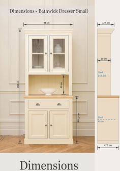 the measurements for a white cabinet with glass doors and drawers are shown in this image