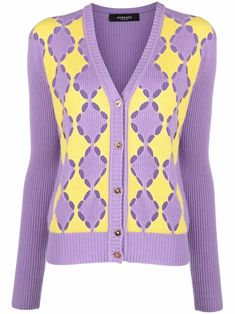 lilac-purple/yellow cashmere two-tone design cut-out detailing ribbed knit V-neck front button fastening long sleeves straight hem Versace Skirt, Versace Sweater, High Fashion Outfits, Yellow Outfit, Upcycle Jeans, Versace Outfit, Fashion Design Clothes, Cashmere Cardigan, Knitwear Women