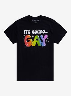 It's giving... gay! This tee is perfect for pride season thanks to its bubble-letter text reading "It's giving... gay " with "gay" in rainbow colors surrounded by stars.100% cottonWash cold; dry lowImportedListed in unisex sizes Pride Graphic Tee With Slogan, Pride Letter Print Streetwear T-shirt, Rainbow Graphic Tee For Pride, Pride Graphic Tee With Letter Print, Rainbow Graphic Print T-shirt For Pride, Rainbow Letter Print Pride T-shirt, Rainbow Letter Print T-shirt For Pride, Scenecore Shirt, Queer Vibes