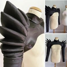 four different views of a mannequin's torso with black feathers on it