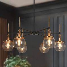 a chandelier with five clear glass globes hanging from it's center