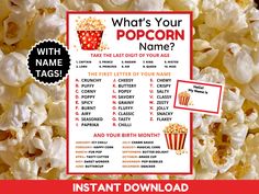 what's your popcorn name? printable game for kids to play in the movie theater