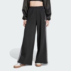 adidas Adicolor 3-Stripes Loose French Terry Wide Leg Pants - Black | Free Shipping with adiClub | adidas US Adidas Hose, Adidas Adicolor, Model Call, Adidas Shop, Women Lifestyle, Adidas Pants, Adidas Online, White Adidas, Pants Black