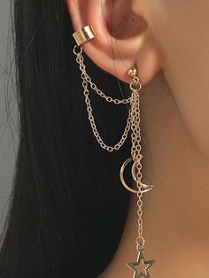 1pc Moon & Star Decor Earring With Chain | SHEIN USA Ear Cuff Chain, Inexpensive Jewelry, Pretty Jewelry Necklaces, Gold Ear Cuff, Jewelry Accessories Ideas, Fancy Jewellery, Ear Cuffs, Fancy Jewelry, Moon Star