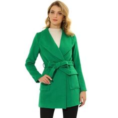 This simple and stylish coat is complete with the design of shawl collar lapel and waist belt, it is a must-have outwear for winter. Waist belt helps to tighten the waist and to accentuate your graceful figure. Two pockets offer a place for little personal belongings like cards or keys, and lend a warm place for chilly hands on cold winter days. Pairs perfectly with mock neck bottoming shirt, it is a good choice for office ladies to wear for work in winter day. Belted Wool Coat With Lapel Collar For Winter, Winter Belted Pea Coat With Lapel Collar, Winter Pea Coat With Belt And Lapel Collar, Winter Pea Coat With Belted Lapel Collar, Fall Blazer With Belt, Fitted Belted Winter Blazer, Winter Fitted Belted Blazer, Fitted Belted Blazer For Winter, Fall Long Sleeve Blazer With Belt