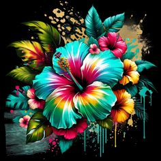 a painting of colorful flowers and leaves on a black background with paint splatters