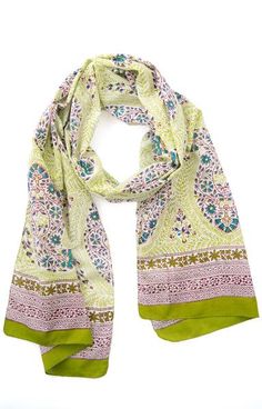 100% hand-block printed cotton by Anokhi Green Bohemian Batik Print Dupatta, Green Bohemian Silk Scarf, Patterned Cotton Bohemian Scarves, Traditional Green Cotton Scarves, Bohemian Cotton Scarf With Pattern, Traditional Hand Printed Cotton Scarves, Green Bohemian Scarves With Paisley Print, Bohemian Cotton Shawl With Traditional Patterns, Green Bohemian Dupatta Scarf