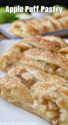 A white plate with a couple slices of apple pastry and the title of the recipe at the top of the photo. Puff Pastry Apple Turnovers, Apple Recipes With Puff Pastry, Puff Pastry Ingredients, Puff Pastry Apple, Pepperidge Farm Puff Pastry, Apple Pastry, Apple Puff Pastry