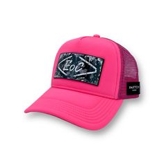 Partch luxury hot pink trucker hat with End of Code art partch-clip removab;e Luxury Brand Packaging, Street Art Style, High Fashion Art, Fabric Bag, Leather Patches, Unisex Design, Hat Designs, Spandex Fabric, Trucker Cap