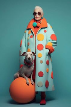 an old woman in a polka dot coat and sunglasses standing next to a dog on top of a ball