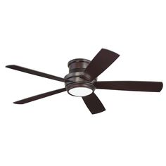 a ceiling fan with three dark brown blades and a light on the top of it