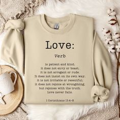 Love is Patient Christian Crewneck 1 Corinthians 13, Definition of Love Sweatshirt for Valentines Day, Worship Shirt, Christian Streetwear This comfy Christian crewneck sweatshirt features St. Paul's epic definition of love, from 1 Corinthians 13:4-8.  Perfect as an everyday sweatshirt, a Christian Valentine's sweater, a worship shirt, to celebrate a Christian wedding or anniversary, or for youth ministry.  Cozy, soft sweatshirts are the ultimate practical gift they'll appreciate and truly use. Jesus Merch, Saints Quotes, Christian Clothes, Holy Girl, Christian Crewneck, Christian Valentines, Valentines Day Sweatshirt, Prayer Closet, Christian Merch