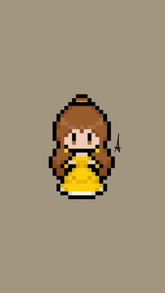 a pixellated image of a woman with brown hair and yellow dress, wearing headphones