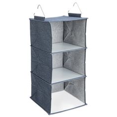 three tiered storage unit with two hanging hooks on the top and one door open