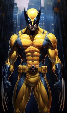 the wolverine is standing in front of a cityscape with his hands on his hips