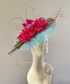 Aimee Fuller Kentucky Derby Fascinator A Lovely frenzy of quills and floral in my favorite color combination! This burst of vibrant colors is elegant and beautiful from all angles, and will have all eyes on you on your special day.    Earrings sold separately.  Easy-to-wear headband fascinator makes a statement, and can be worn to a myriad of events: Royal Ascot, Easter, Bridal, Derby-Wear, Del Mar Races, Hat Contests, Church, Gala, Kentucky Derby, Melbourne Cup, High Tea, Weddings, Cocktail Parties, and more.  Some customization available; please message with your requests to see if we can meet your needs. *FREE SHIPPING  For more STATEMENT JEWELRY and HANDMADE HATS go to www.aimeesfuller.com Aimee Fuller has been a trusted online seller since 1999, and is excited to bring her creations b Turquoise Headpiece For Summer Wedding, Turquoise Headpieces For Summer Weddings, Turquoise Summer Wedding Headpiece, Summer Wedding Turquoise Headpieces, Turquoise Spring Racing Hat, Turquoise Headpieces For Spring Weddings, Turquoise Hats For Spring Races, Spring Wedding Turquoise Headpieces, Turquoise Fascinator For Spring Party