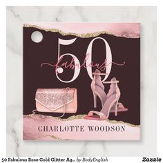 the 50th birthday card features high heeled shoes and a handbag on top of a marble background