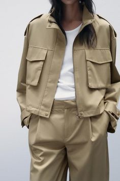 POCKET JACKET - Khaki | ZARA United States High Collar Jacket, Olive Top, Olive Pants, Zara Jacket, Polyester Pants, Pocket Jacket, Casual Fit, Casual Fits, High Collar