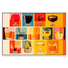 several glasses of different colored liquids on a colorful background with orange, yellow and blue squares