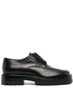 black calf leather tonal stitching signature Tabi toe front lace-up fastening flat sole Leather Lace-up Derby Shoes, Designer Calf Leather Lace-up Derby Shoes, Plain Toe Oxfords With Front Lace-up For Derby, Plain Toe Oxfords With Lace-up Fastening For Derby, Classic Calf Leather Oxfords With Lug Sole, Designer Brogue Lace-up Shoes For Workwear, Business Oxfords With Lug Sole, Designer Lace-up Shoes With Brogue Detailing For Work, Luxury Lace-up Shoes With Lug Sole And Plain Toe