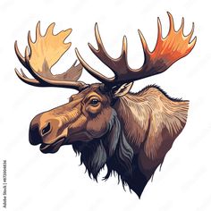 a moose's head with large antlers is shown in this hand drawn illustration