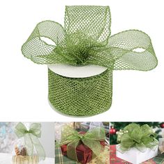 green ribbon with bows and ribbons on the top, two pictures are shown in three different ways