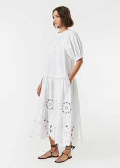 Organic Cotton Aderyn Lace Maxi Dress | White Eyelet | RHODE Casual Broderie Anglaise Midi Dress For Vacation, Casual Dresses With Cutwork Hem For Daywear, Summer Broderie Anglaise Tiered Skirt Dresses, Summer Dresses With Broderie Anglaise And Tiered Skirt, Summer Broderie Anglaise Tiered Dress, Summer Tiered Broderie Anglaise Dresses, White Eyelet Midi Dress For Day Out, Summer Midi Dress With Eyelet Details And Short Sleeves, Casual Cotton Midi Dress With Broderie Anglaise