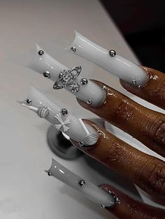 Black French Nails With Charms, Black And White Nails Ideas, Grey Nails Ideas, Black And Grey Nails, Hard Nails, Duck Nails, Drip Nails, Colored Acrylic Nails, Girly Acrylic Nails