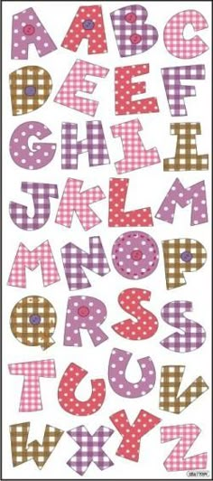 the letters and numbers are made up of plaid fabric, with polka dots on them