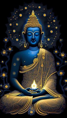 buddha sitting in the lotus position with his eyes closed and hands clasped, holding a lit candle