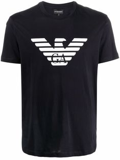 Navy/white cotton Eagle-logo T-shirt from EMPORIO ARMANI featuring logo print at the chest, crew neck, short sleeves and straight hem. | Emporio Armani Eagle-logo T-shirt