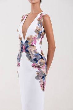 Chromatic beaded crepe dress – HerTrove Glamorous White V-neck Evening Dress, White Embellished V-neck Evening Dress, Glamorous White Sleeveless Dress For Evening, Floral Embellished V-neck Gala Dress, Floral Embellished V-neck Dress For Gala, White Glamorous Sleeveless Dress For Party, Glamorous White Sleeveless Dress For Party, Glamorous White Sleeveless Party Dress, Floral Embellished V-neck Evening Dress