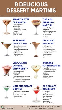 Dessert Martinis Easy Dessert Cocktails, Martini Glass Desserts, Yummy Martini Recipes, Choc Martini Recipe, Peppermint Espresso Martini Recipe, Alcoholic Dessert Drinks, Dessert And Cocktail Pairing, Tiramisu Martini Recipe, Christmas Dessert Cocktails