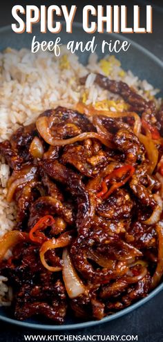 spicy chilli beef and rice in a skillet with text overlay that says spicy chili beef and rice