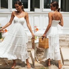 F00118770-105 Suspenders Fashion, Beach White Dress, A Line Maxi Dress, Long White Dress, Boho Style Dresses, Maxi Robes, Styl Boho, Sling Dress, Suspender Dress