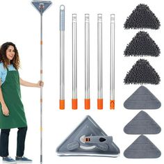 a woman holding a broom and cleaning tools in front of her set of kitchen accessories