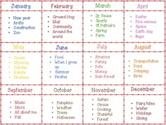 a calendar with months and dates for each child's birth month, as well as the