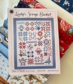 the cover of lady's scrap basket magazine with quilts and fabrics in it