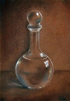 an oil painting of a glass bottle on a table with a brown back dropper