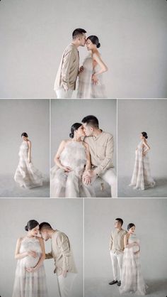 a couple kissing each other while posing for pictures