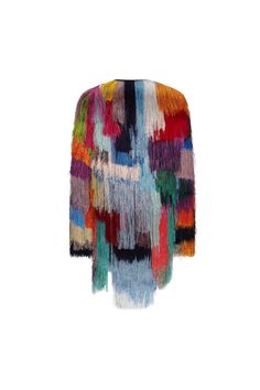 RELAXED FIT FULLY LINED 95% WOOL 5% ELASTANE Made in India Multicolor Winter Party Blazer, Multicolor Party Blazer For Winter, Multicolor Evening Outerwear, Multicolor Outerwear For Fall Party, Luxury Beaded Fringe Outerwear For Women, Luxury Beaded Fringe Women's Outerwear, Multicolor Fringe Winter Outerwear, Knit Long Sleeve Outerwear With Fringe, Multicolor Fringe Scarf One Size