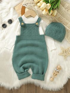 Baby Boy Solid Knit Jumpsuit & Hat Without Tee Green   Sleeveless Knitwear Plain Jumpsuit Medium Stretch  Baby Boys Clothing, size features are:Bust: ,Length: ,Sleeve Length: 0 3 Months Baby Clothes Boy, Knitting Kids Dress, Baby Crochet Clothes, Plain Jumpsuits, Baby Boy Sweater, 3 Month Baby, Toddler Boy Fashion, Knit Jumpsuit, Kid's Fashion